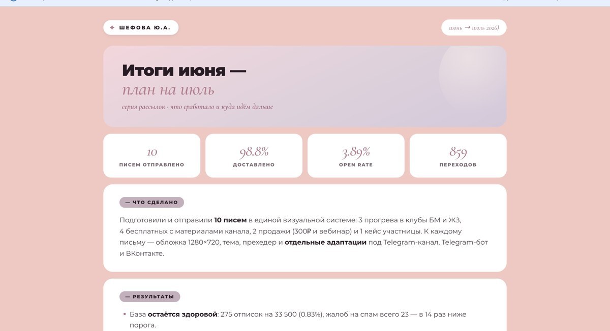 Фрагмент отчёта за июнь: доставка, open rate, переходы