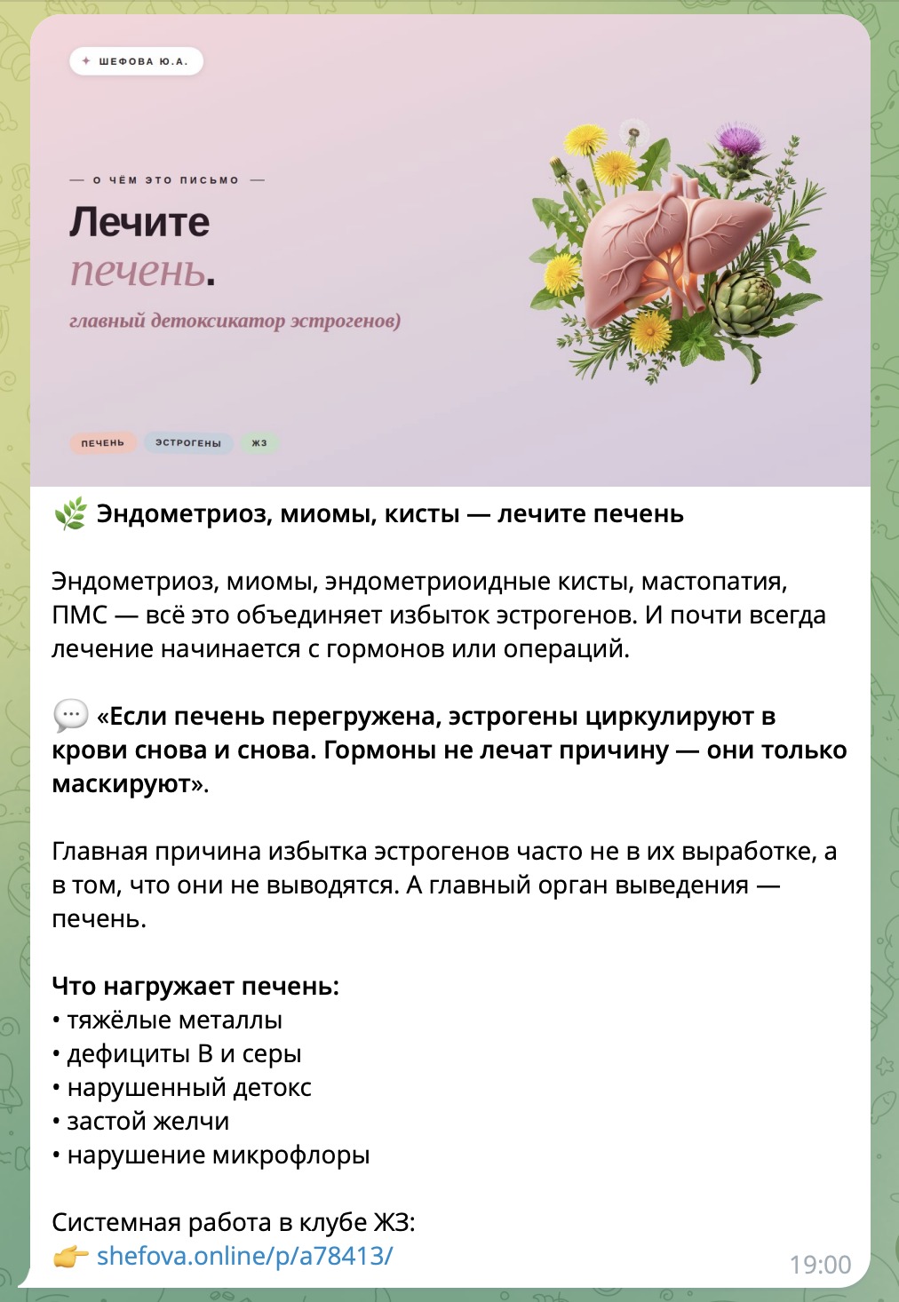 Пост из Telegram-канала: адаптация выпуска «Лечите печень»